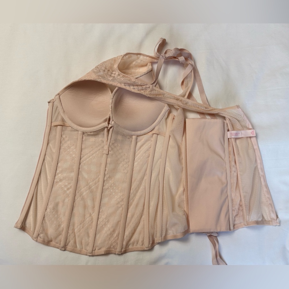 Victoria's Secret Lace Corset Blush Pink High Neck Side Zip Size 34B Romantic - Picture 11 of 13
